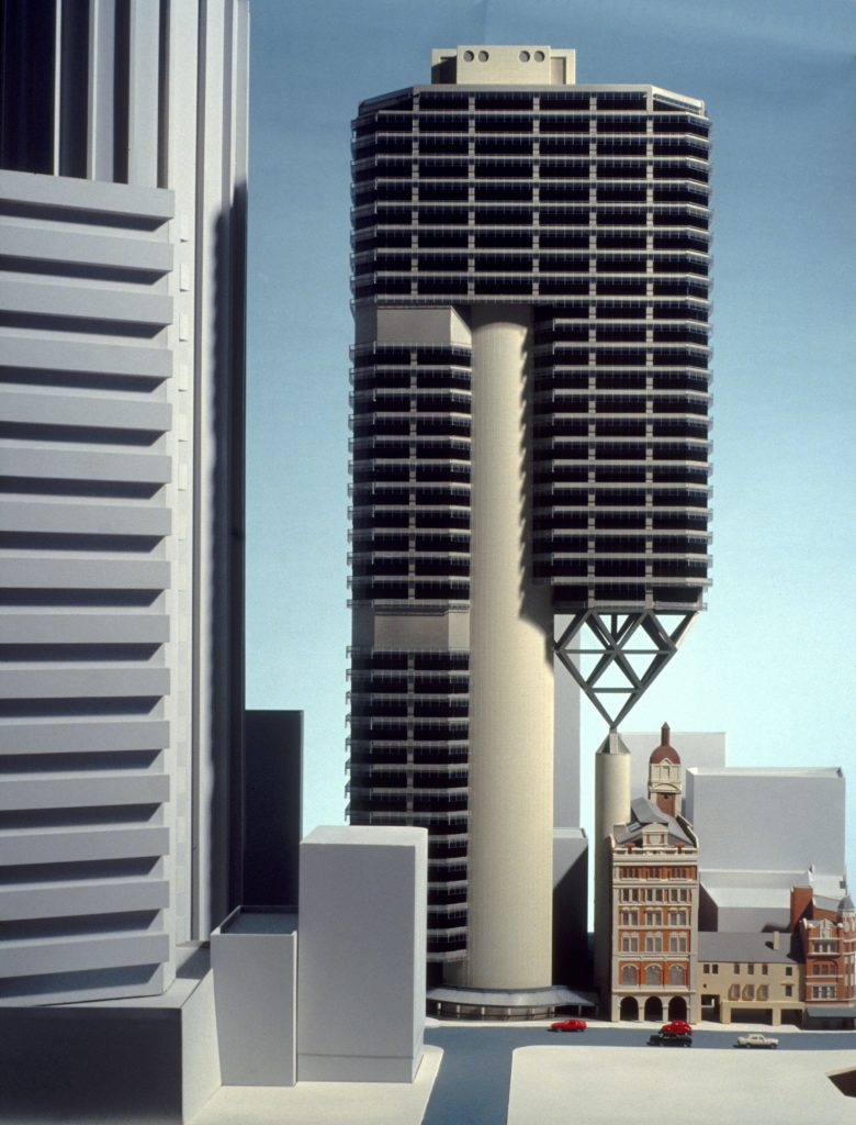Architectural model of unbuilt high rise office building and surrounding heritage buildings 
